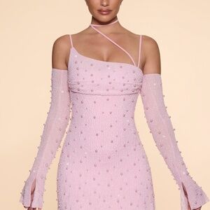 Oh Polly Embellished Asymmetric Corset Mini Dress in Blush 4